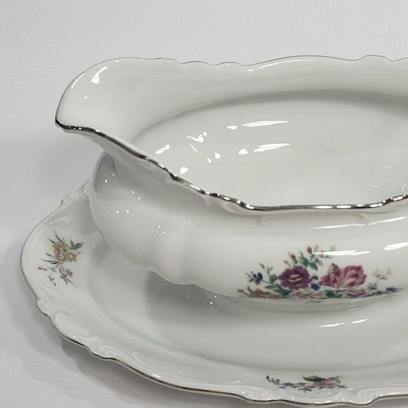 Crown Bavaria Gravy Boat w Attached Underplate Germany Silver Trim Bouquet - Picture 8 of 10